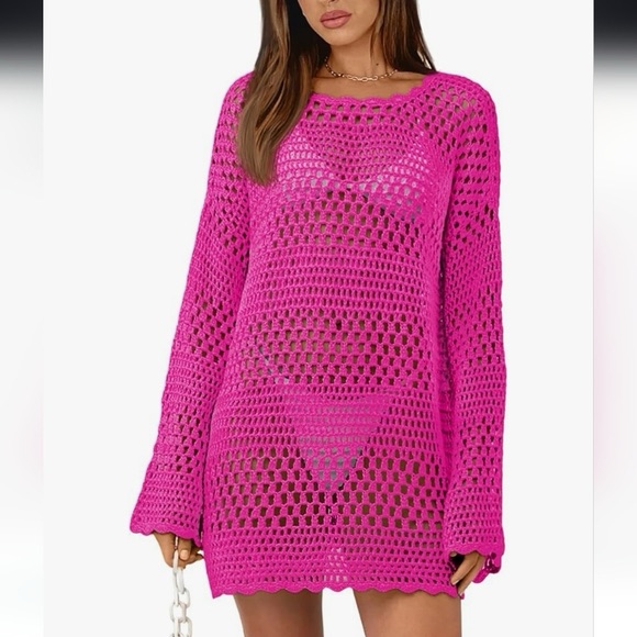 Nwot Show Me Your Mumu Paula Hot Pink Crochet Pullover Cover-Up Dress